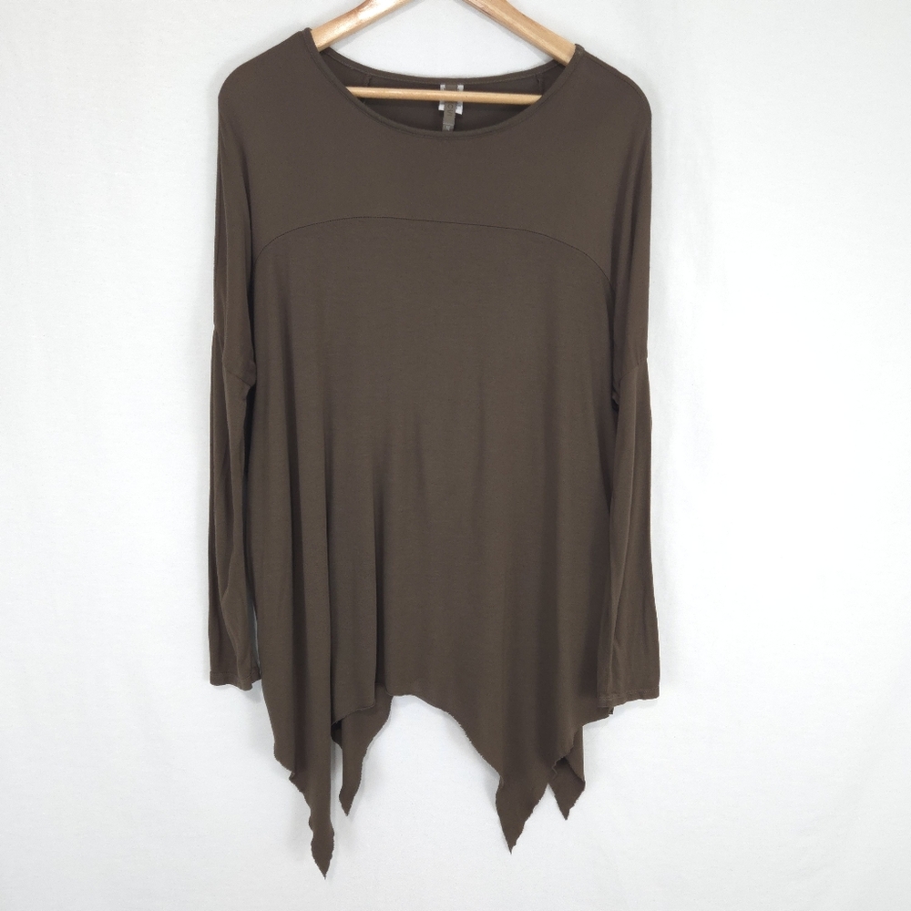 XCVI Women's Brown Handkerchief Hem Long Sleeve Flowy Top